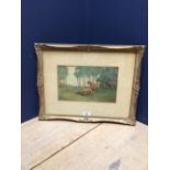 Watercolour landscape of Cattle in a meadow, signed and dated, in gilt frame, 15.5x25cm