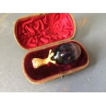 Unusual gilded seal in the form of a birds foot mounted on a Blue John egg, 95cmL, in original