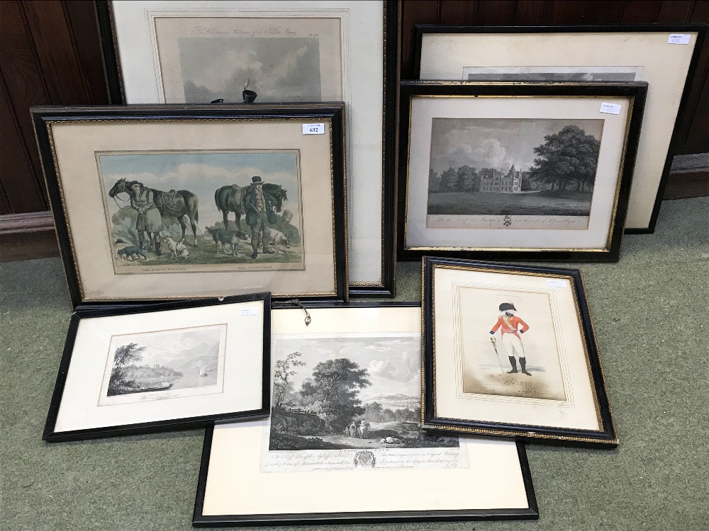 Two coloured military prints, four black and white engravings of topographical and country seats and