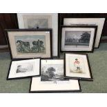 Two coloured military prints, four black and white engravings of topographical and country seats and