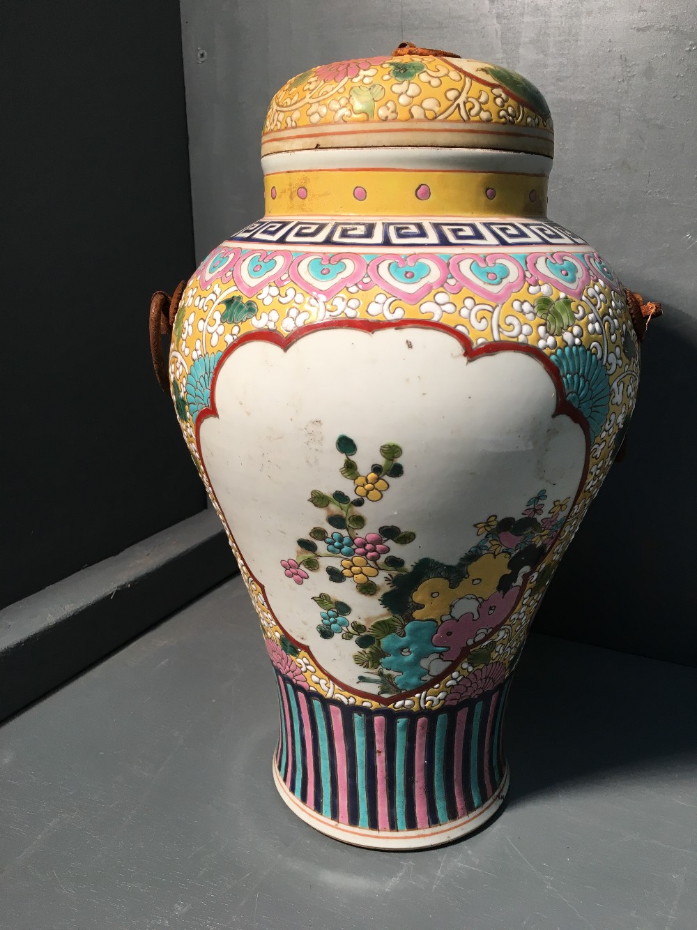 C19th Chinese baluster vase & cover, polychrome enamelled with foliage, 6 character marks to base 36