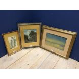 C19th oil on board, Farm scene with man & livestock; an oil painting seascape and a watercolour of a