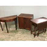 Early C19th mahogany two door cupboard on later bun feet, a similar demi-lune table & a 1930's oak
