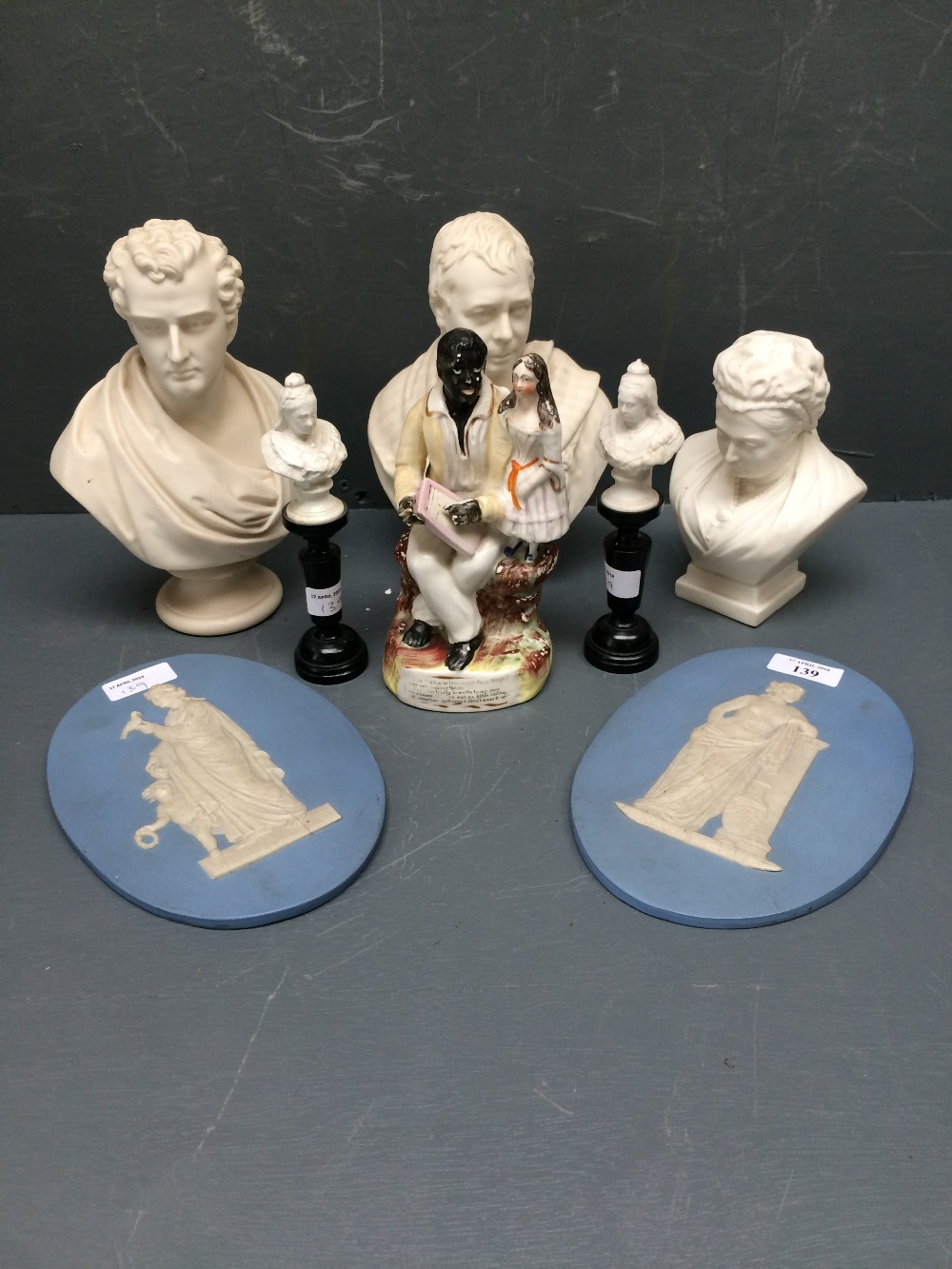 Two Copeland Parianware busts 22cm high, three small busts of Queen Victoria, C19th Staffordshire