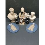 Two Copeland Parianware busts 22cm high, three small busts of Queen Victoria, C19th Staffordshire