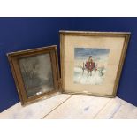 C19th oil on panel, Woodland landscape with figure & a C19th watercolour of A Coachman with horse