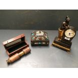 Empire style patinated metal figural clock & a reproduction Stanley of London telescope and a