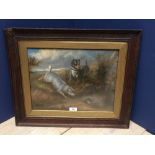 Oil painting of Terrier dogs chasing a rabbit, oak framed, 29.5x38cm