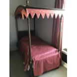 Mahogany single Four Poster bedstead with hexagonal baluster columns, the arched cornice hung with