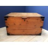 Large, antique pine trunk with hinged lid, iron handles & straps, 107Lx77Wx61Hcm