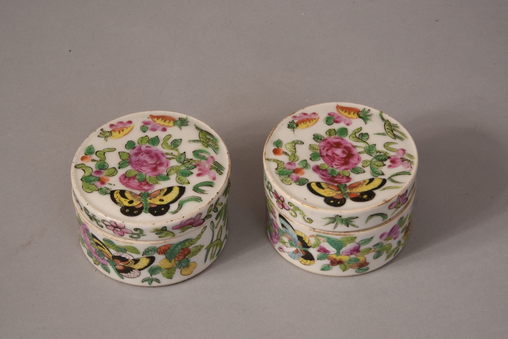 Pair of C19th Chinese famille rose circular boxes and covers decorated with butterflies flying