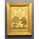 Early C19th sampler depicting mother and child, animals, trees and birds and trailing foliage by