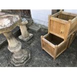 3 pine square planters, a weathered concrete sundial, weathered concrete octagonal bird bath &