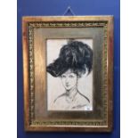 L. RAVENHILL, watercolour portrait of An Early C20th Lady in a Plumed Hat, signed, 33x21cm