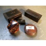 Victorian tortoiseshell etui (empty), four various snuff boxes