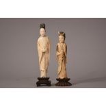 Two C19th Chinese carved ivory figures of ladies, 20cm high max, wood stands. (2)