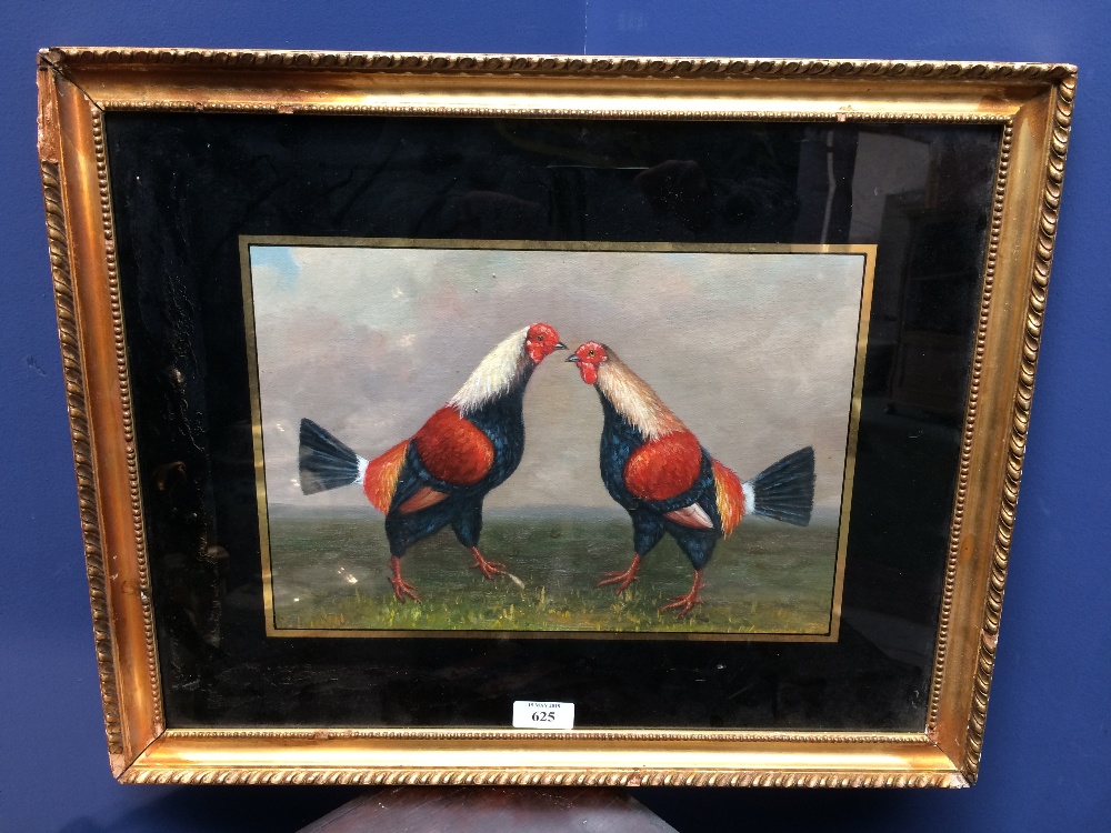 Oil painting study of Two Fighting Cockerels, in gilt frame with verre elgomise mount, 21x31.5cm