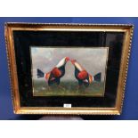 Oil painting study of Two Fighting Cockerels, in gilt frame with verre elgomise mount, 21x31.5cm