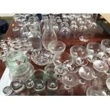 Qty of glass incl jugs, water & wine glasses, decanters, glass candle holders, etc.