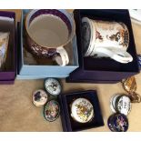 Qty of porcelain pill boxes, Dresdon salt, qty of commemmorative mugs Christmas decorations etc.