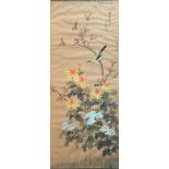 Oriental watercolour of a Songbird perched on a twig of Exotic Flowers, signed and seal mark, in