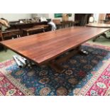 Very good quality bespoke, large heavy, teak top, oblong dining table on oak refectory base,