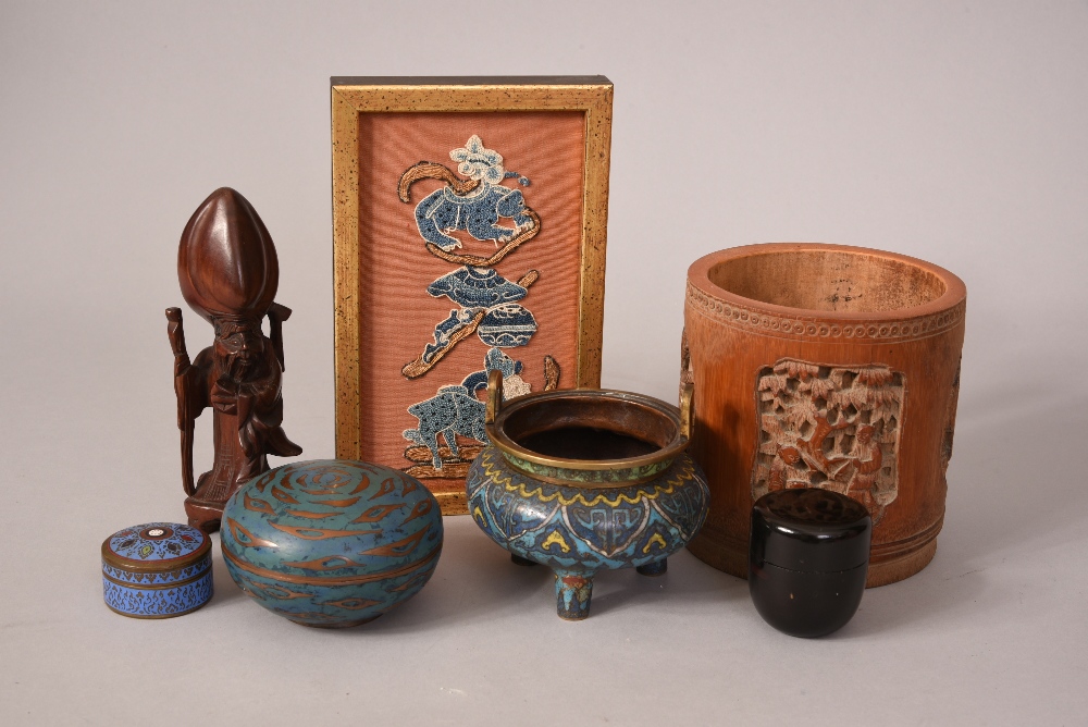 Mixed lot to include C19th Chinese cloisonne tripod censer 9cm high, two cloisonne boxes and covers,
