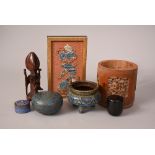 Mixed lot to include C19th Chinese cloisonne tripod censer 9cm high, two cloisonne boxes and covers,