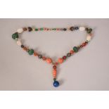 Chinese coral, lapis and amber beads necklace.