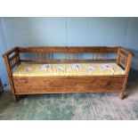 Antique rustic pine box seat bench & seat cushion, 203cmL