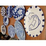 Qty of blue and white pottery platters