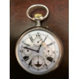 Nickel plated top wind moonphase pocket watch with day, month & week dials