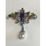 Silver "plique a jour brooch with amethyst body and freshwater pearl drop