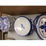 Qty blue and white pottery dishes and a dessert set