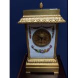 C19th French ormolu and porcelain panel bracket clock with floral painted decoration, 42cmH