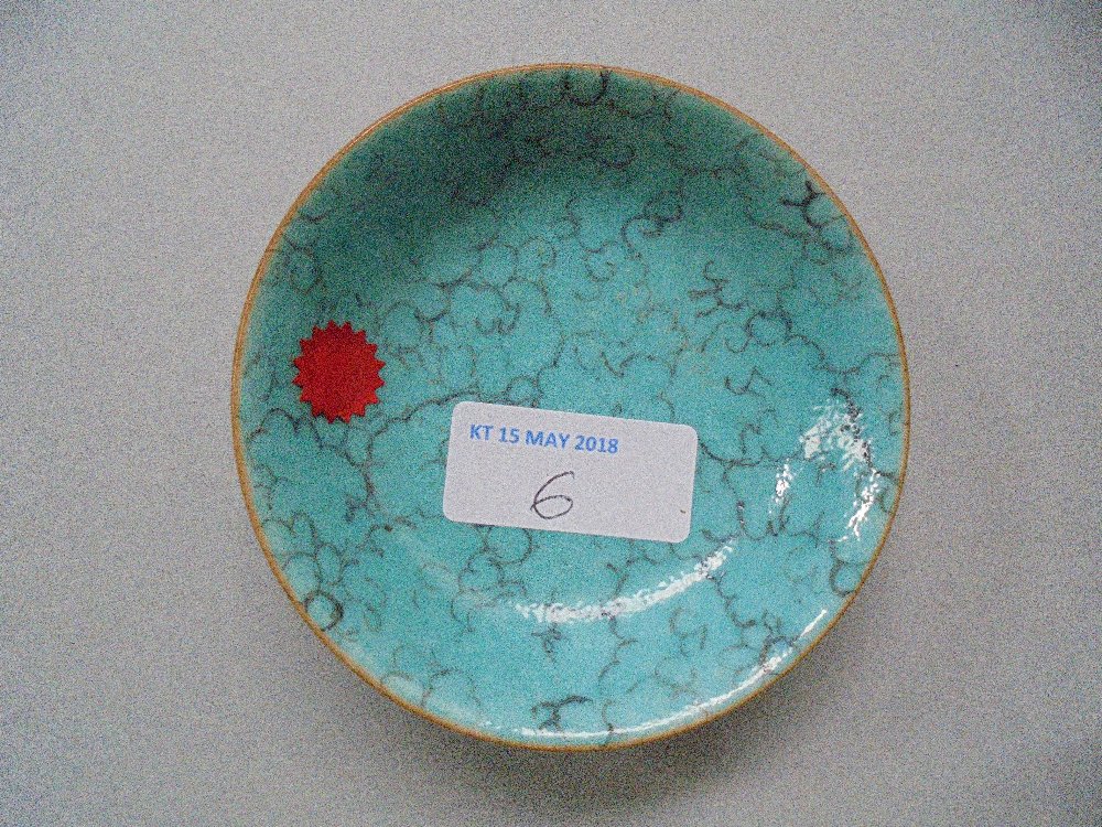 Chinese famille rose and lime-green-ground sgraffito dish, Qianlong six-character mark to base and - Image 9 of 11