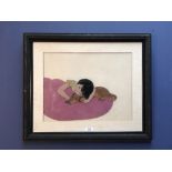 Framed film cell on two tiers, Child with Sleeping Dog from a Children's cartoon, 30.5x40cm
