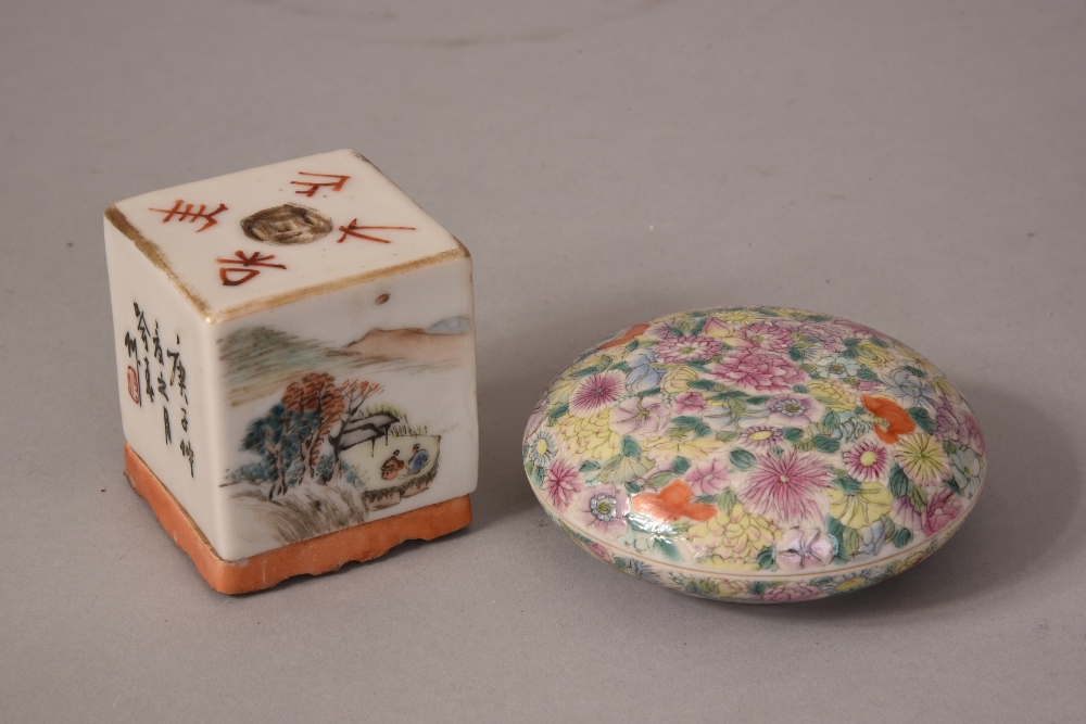 C19th Chinese famille rose 'mille fleur' circular ink box and cover, Qianlong six-character mark;