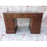 Victorian mahogany finished, scumbled pine, twin pedestal writing desk of 9 drawers, 120cmW