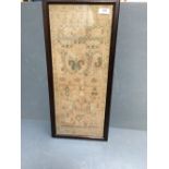 C19th sampler with alphabet figures, birds & trees, 53x22cm