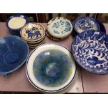 Qty of contemporary decorative blue and white, & other, bowls and plates