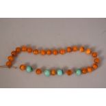 Strand of Chinese amber and turquoise beads