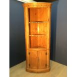 Pine freestanding bow front corner unit with shelves, 216cmH