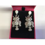 Pair of silver and moonstone earrings in the form of owls