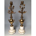 Pair of white marble & gilt metal single branch candelabras on octagonal bases, 46cmH