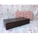 Long underbed style wooden trunk with striped cushion