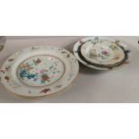 Pair of C19th Chinese porcelain famille rose plates decorated with birds, 35cm dia; another