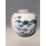 Chinese ovoid ginger jar decorated in under glaze, blue with bamboo and prunus tree's 20cmH