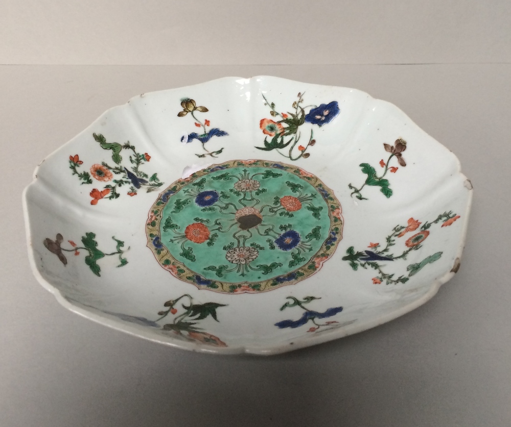 Chinese Doucai decorated dish with floral sprigs & sprays, 21.5cm dia