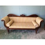 Regency mahogany double scroll end sofa with yellow Regency stripe upholstery & cushions, 206cmL